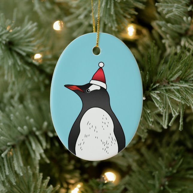 Adorno De Cerámica Pingüino De Gentoo Con Un Sombrero Santa En Azul (Árbol)