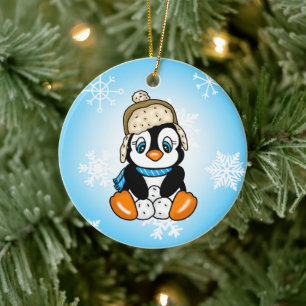 Adorno De Cerámica Pingüino dibujado a mano adorable con bolas de nie