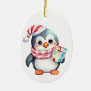 Adorno De Cerámica Pingüino dulce y feliz con refrigerio