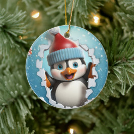 Adorno De Cerámica Pingüino feliz disfrutando el invierno.