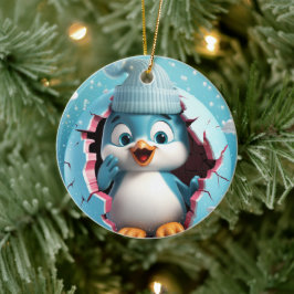 Adorno De Cerámica Pingüino feliz. Imagen con estilo navideño.