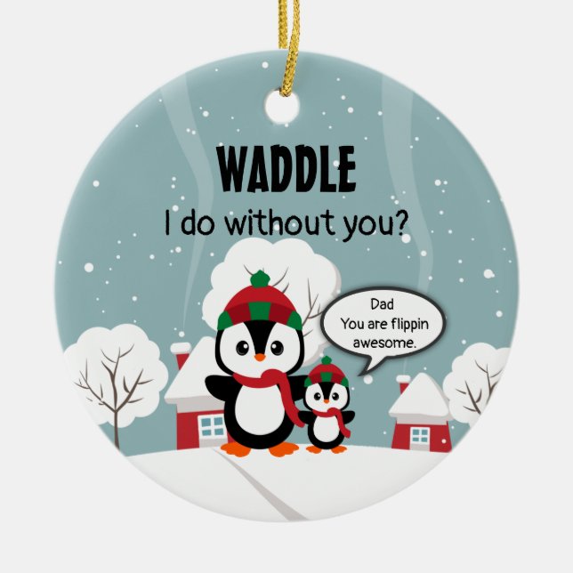 Adorno De Cerámica Pingüino Gris Y Bebé En Nieve De Invierno (Frente)