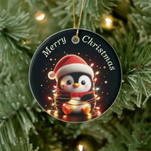 Adorno De Cerámica Pingüino lindo envuelto en luces Navidades