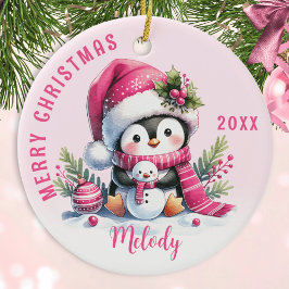 Adorno De Cerámica Pingüino Monogramado Rosa Merry Christmas Cute Pen