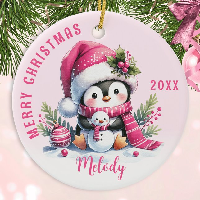 Adorno De Cerámica Pingüino Monogramado Rosa Merry Christmas Cute Pen (Subido por el creador)