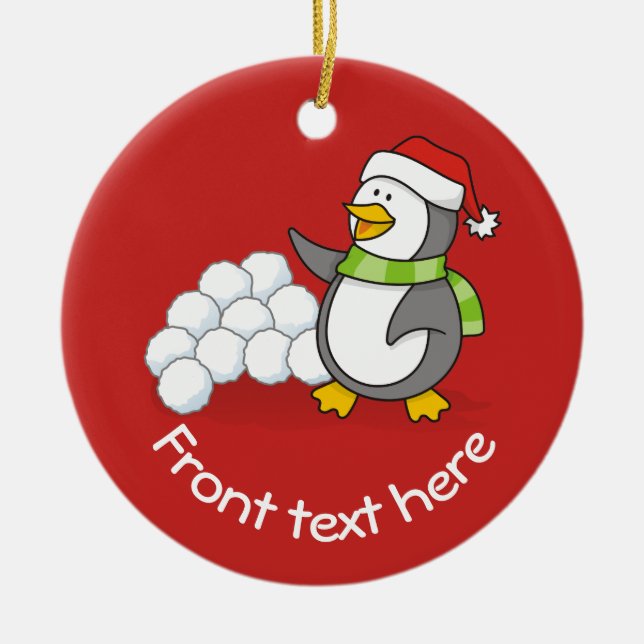 Adorno De Cerámica Pingüino navidad con bolas de nieve ondeando (Frente)