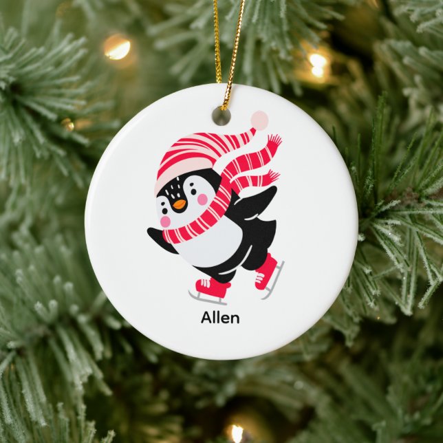 Adorno De Cerámica Pingüino navidad en Gorra y bufanda en patines (Árbol)