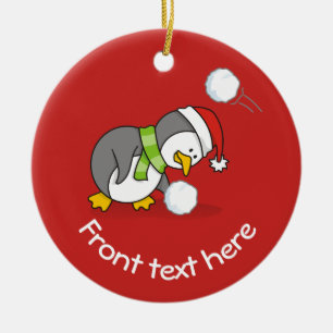 Adorno De Cerámica Pingüino navidad recibiendo bola de nieve