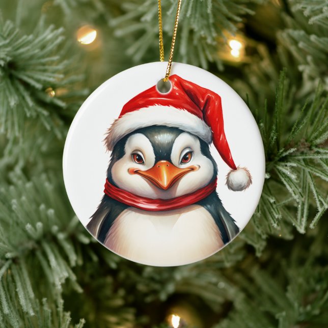 Adorno De Cerámica Pingüino navideño en Santa Hat Scarf (Árbol)