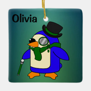 Adorno De Cerámica Pingüino personalizado lindo verde esmeralda oscur