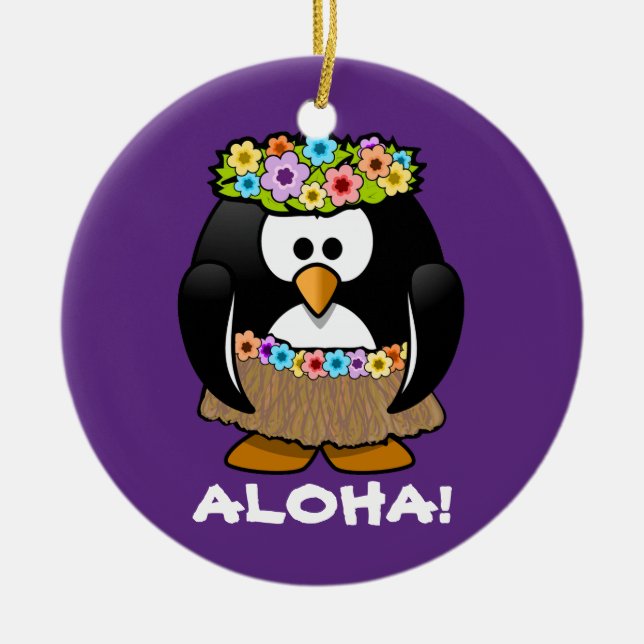 Adorno De Cerámica Pingüino Tropical Hula Hawaii (Frente)