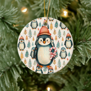 Adorno De Cerámica Pingüino vintage con Navidades de canes de candy