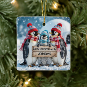 Adorno De Cerámica Pingüinos familiares con Rótulo de madera