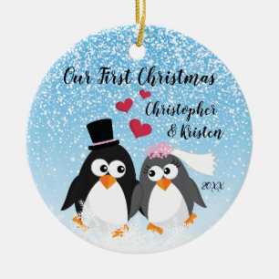 Adorno De Cerámica Pingüinos lindos de la novia y del novio nuestro