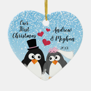 Adorno De Cerámica Pingüinos lindos del novio de la novia nuestro