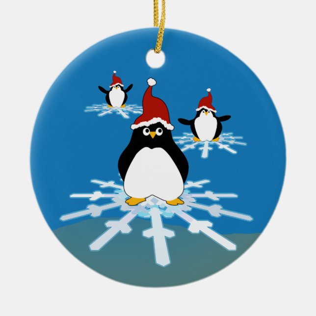 Adorno De Cerámica Pingüinos vuelan sobre un copo de nieve (Frente)
