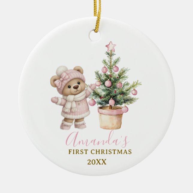 Adorno De Cerámica Pink Baby Bear First Christmas Keepsake (Frente)