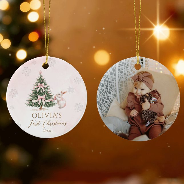 Adorno De Cerámica Pink Baby Girl First Christmas Snowflakes Photo (Subido por el creador)