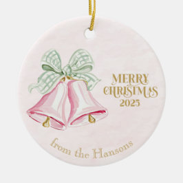 Adorno De Cerámica Pink Bells with Green Gingham Coquette Bows