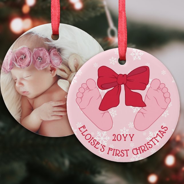 Adorno De Cerámica Pink Bow Baby Feet Photo Daughter First Christmas (Subido por el creador)