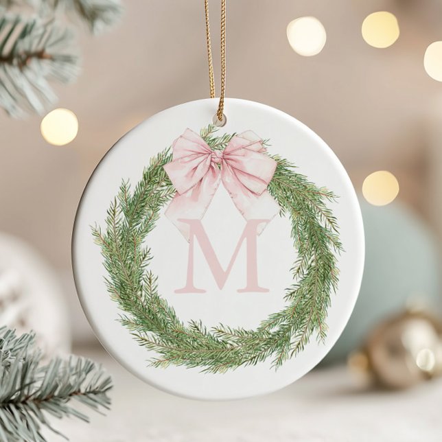 Adorno De Cerámica Pink Bow Monogram Wreath Christmas (Subido por el creador)