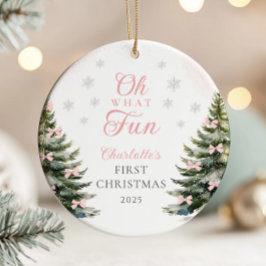 Adorno De Cerámica Pink Bow Pine Tree Baby's First Christmas