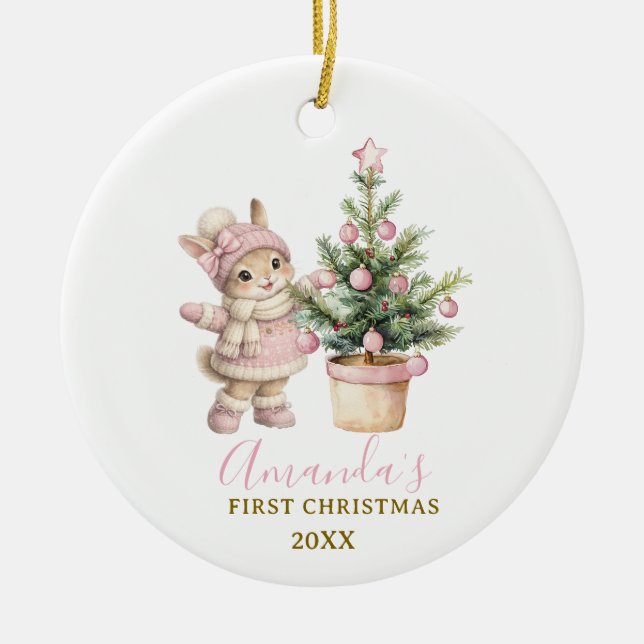 Adorno De Cerámica Pink Bunny Girl Rabbit First Christmas Keepsake (Frente)