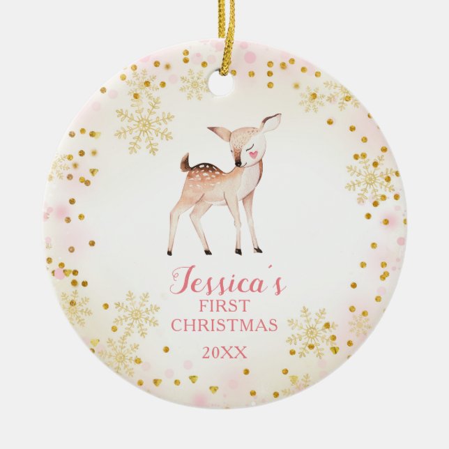 Adorno De Cerámica Pink Deer Baby's First Christmas Ornament (Frente)