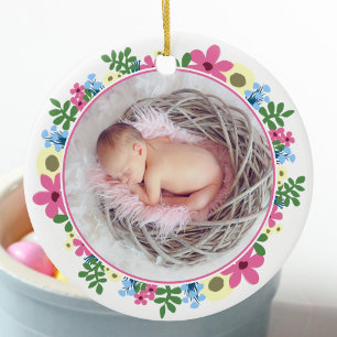 Adorno De Cerámica Pink Easter Flower Ring Baby Photo Name Egg Chick