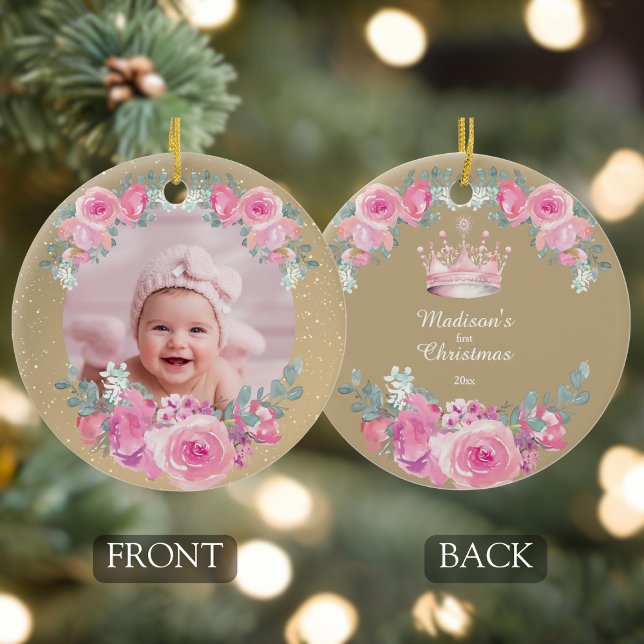 Adorno De Cerámica Pink Floral Baby Girl First Christmas (baby girls first christmas personalized photo pink gold floral ornament with custom name and year)