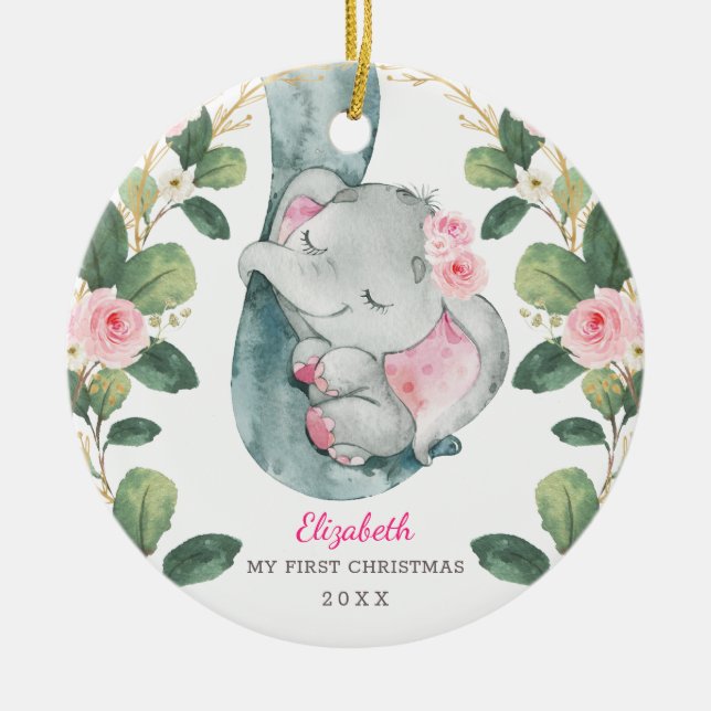 Adorno De Cerámica Pink Floral Greenery Elephant Baby 1er Navidades (Frente)