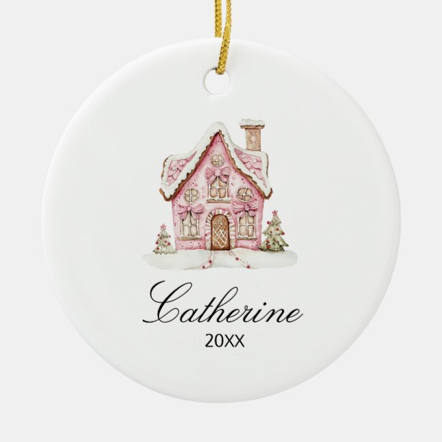 Adorno De Cerámica Pink Gingerbread House Christmas Custom Name (Frente)