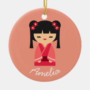 Adorno De Cerámica Pink Kokeshi Japanese dolls