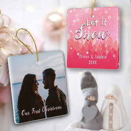 Adorno De Cerámica Pink Let it Snow First Christmas Photo