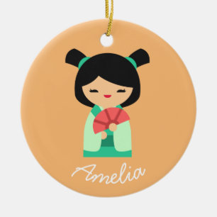 Adorno De Cerámica Pink peach aqua Kokeshi Japanese dolls