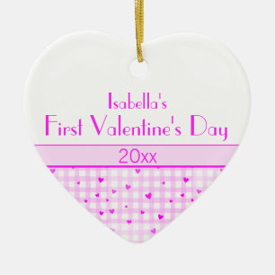 Adorno De Cerámica Pink Plaid Hearts Baby Photo First El día de San V