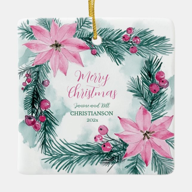 Adorno De Cerámica Pink Poinsettias Christmas (Anverso)