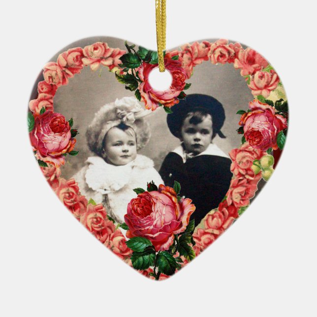 ADORNO DE CERÁMICA PINK ROSES BODA CORAZÓN PLANTILLA DE FOTOS MONOGRA (Frente)