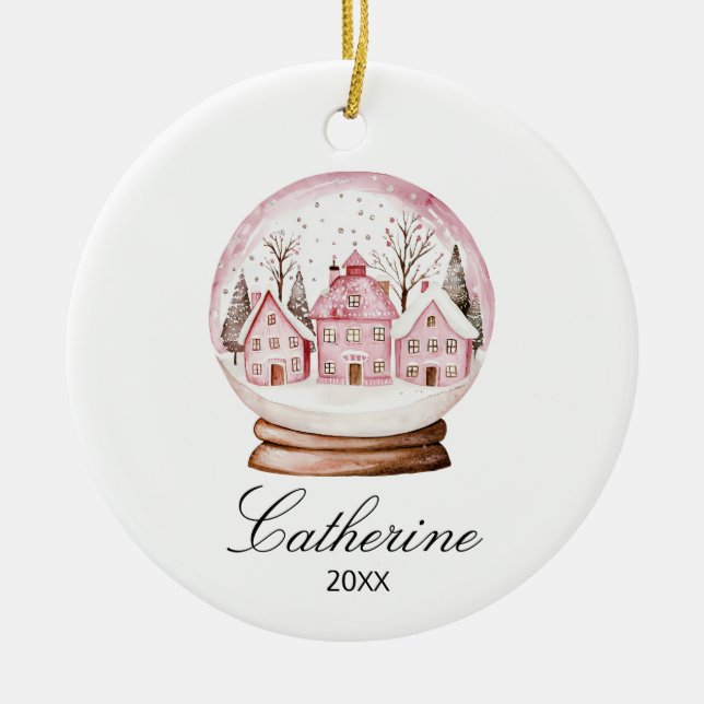 Adorno De Cerámica Pink Snow Globe Christmas Cozy Town Custom Name (Frente)