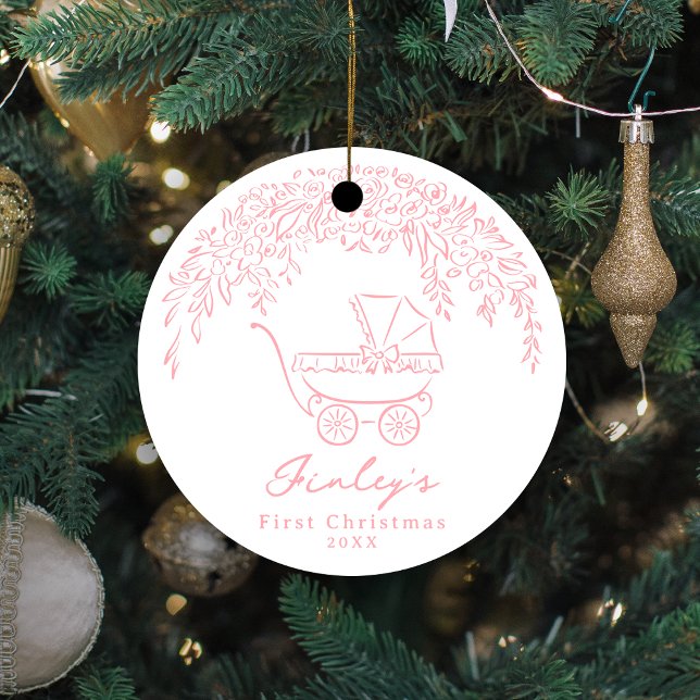 Adorno De Cerámica Pink Whimsical Stroller Baby's First Christmas (Pink Whimsical Stroller Baby's First Christmas Ceramic Ornament)
