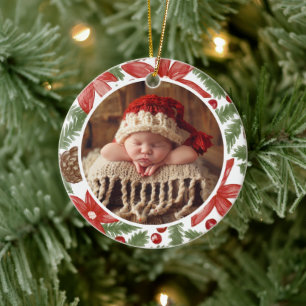 Adorno De Cerámica Pino Acuarela Foto Primera Navidad del Bebé