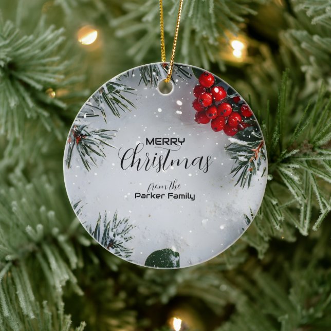 Adorno De Cerámica Pino cubierto de nieve, Holly Berries, sin foto (Árbol)