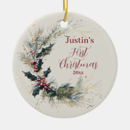 Adorno De Cerámica Pino elegante y corona holly con acentos dorados