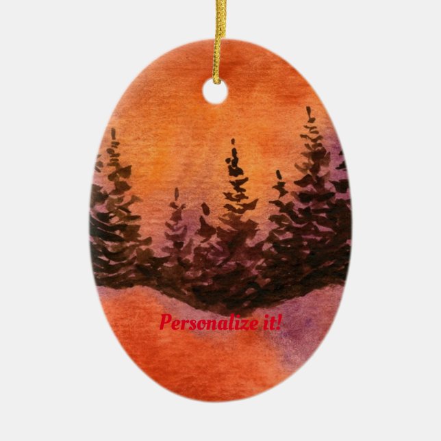 Adorno De Cerámica Pinos en una colina con un suave atardecer rojo (Frente)