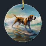 Adorno De Cerámica Pintado americano de Surf Engligh Foxhound Beach<br><div class="desc">Sumérgete en el mundo lúdico de la aventura canina con esta pintura cautivadora. Un perro animado lleva a las olas, subiendo con habilidad al surf en una playa con sol. El vibrante arte captura bellamente la esencia de la emoción en la playa mientras el perro recorre sin miedo las olas,...</div>