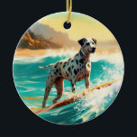 Adorno De Cerámica Pintado de Dalmation Beach Surfing<br><div class="desc">Sumérgete en el mundo lúdico de la aventura canina con esta pintura cautivadora. Un perro animado lleva a las olas, subiendo con habilidad al surf en una playa con sol. El vibrante arte captura bellamente la esencia de la emoción en la playa mientras el perro recorre sin miedo las olas,...</div>