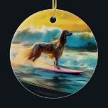 Adorno De Cerámica Pintado de surf en Hound Beach Afgano<br><div class="desc">Sumérgete en el mundo lúdico de la aventura canina con esta pintura cautivadora. Un perro animado lleva a las olas, subiendo con habilidad al surf en una playa con sol. El vibrante arte captura bellamente la esencia de la emoción en la playa mientras el perro recorre sin miedo las olas,...</div>