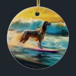 Adorno De Cerámica Pintado de surf en Hound Beach Afgano<br><div class="desc">Sumérgete en el mundo lúdico de la aventura canina con esta pintura cautivadora. Un perro animado lleva a las olas, subiendo con habilidad al surf en una playa con sol. El vibrante arte captura bellamente la esencia de la emoción en la playa mientras el perro recorre sin miedo las olas,...</div>