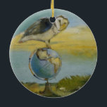 Adorno De Cerámica Pintado de vida silvestre de Owl Beach Earth Globe<br><div class="desc">Búho y el Globe - Una lechuza suave y hermosa sentada en un mapa del mundo,  con un fondo de playa de vacaciones,  por la artista Mary Hubley. Un ilustracion de arte de pájaros pintando cuadros.</div>