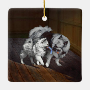 Adorno De Cerámica Pintado Keeshond Playtime - Arte Perro Original.